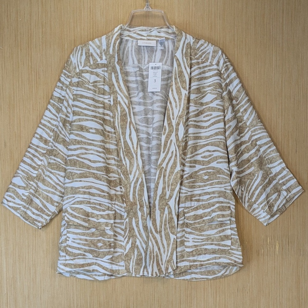 Chicos Zebra Shine Natalie Pattern Sand Cardigan Jacket XL Safari Animal NWT